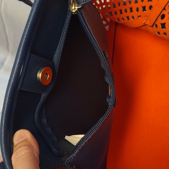 Big Buddha Navy/Orange Perforated Vegan Leather Tote - Picture 9 of 16